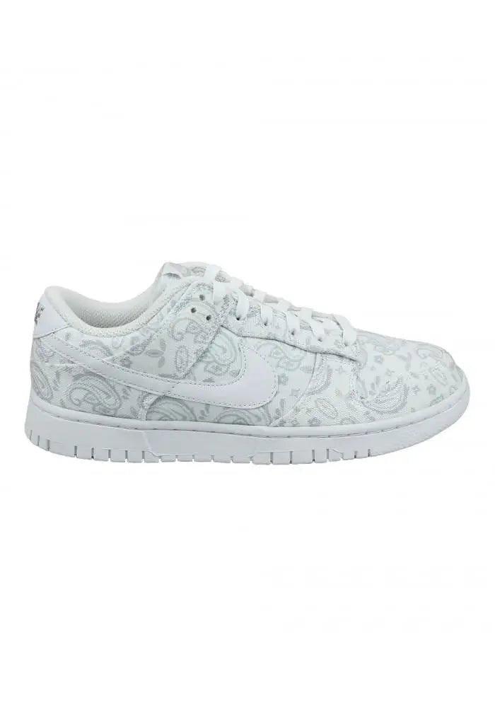 White Nike Dunk Low sneaker with subtle paisley print, women's fashion footwear
