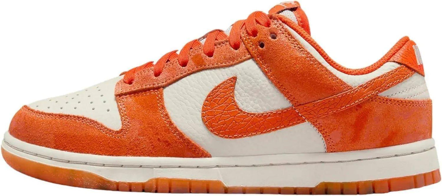 Orange and white Nike Dunk sneaker with textured Swoosh, perfect for women's fashion and streetwear style