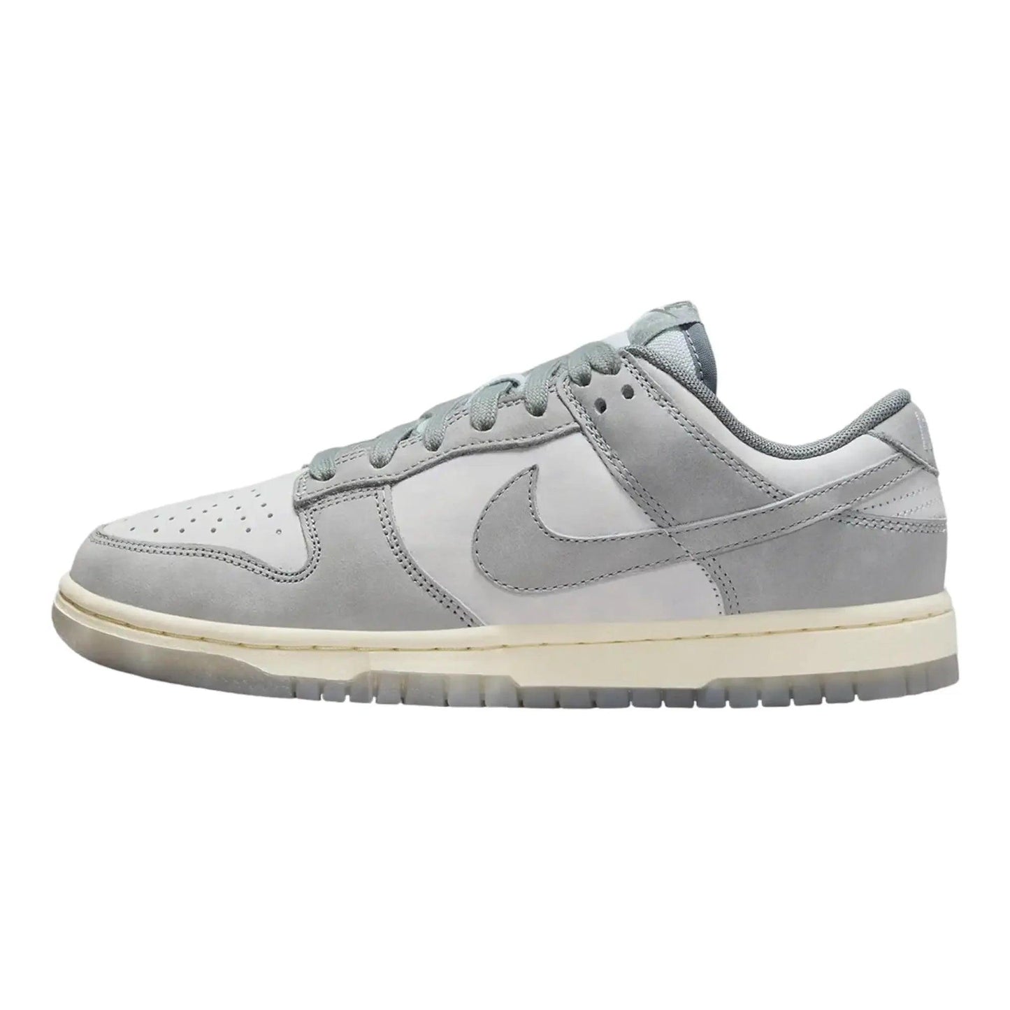 Gray Nike Dunk Low sneaker with white sole, perfect for women's fashion and casual wear