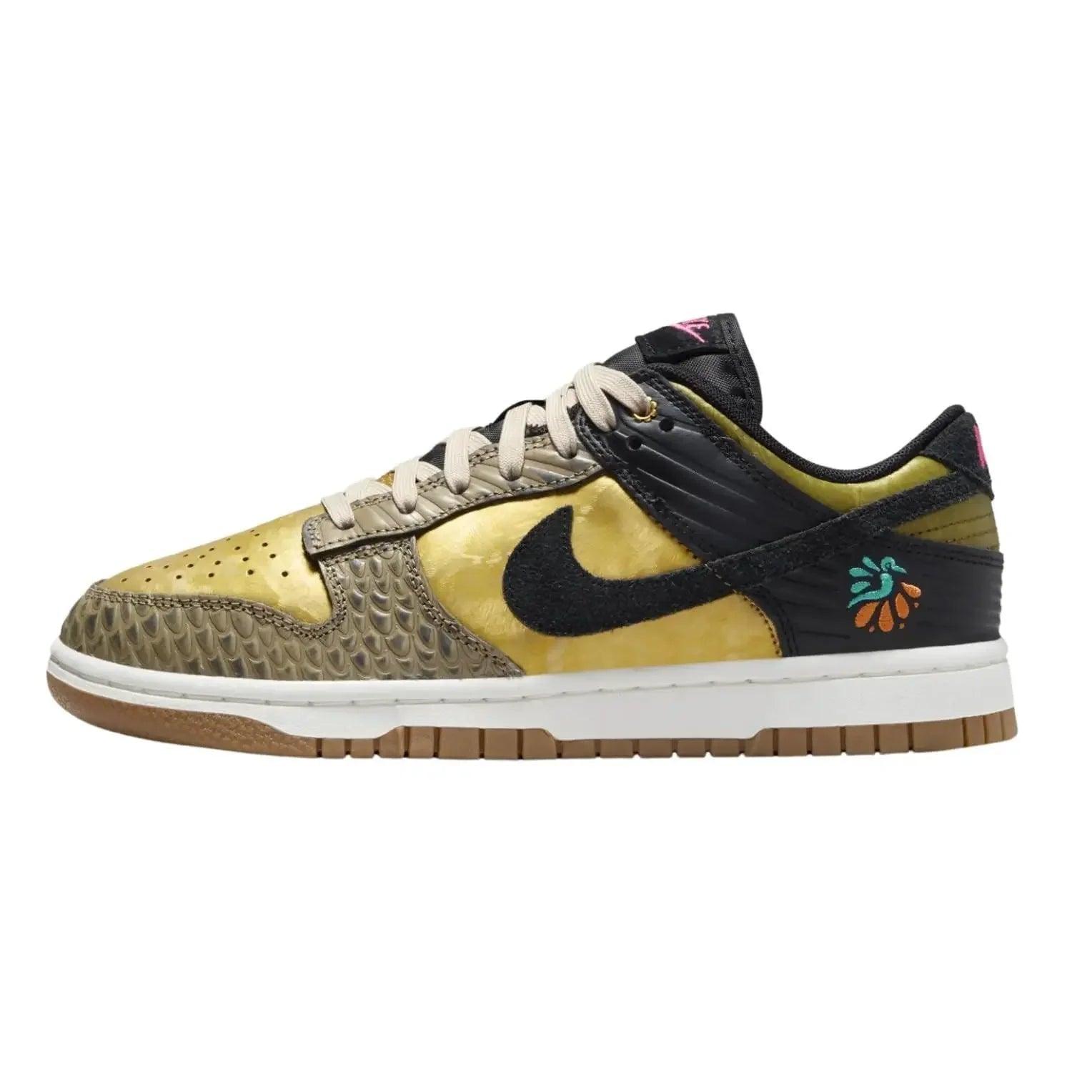 Gold and black Nike Dunk Low sneaker with snake skin texture and colorful bird logo, women's fashion footwear