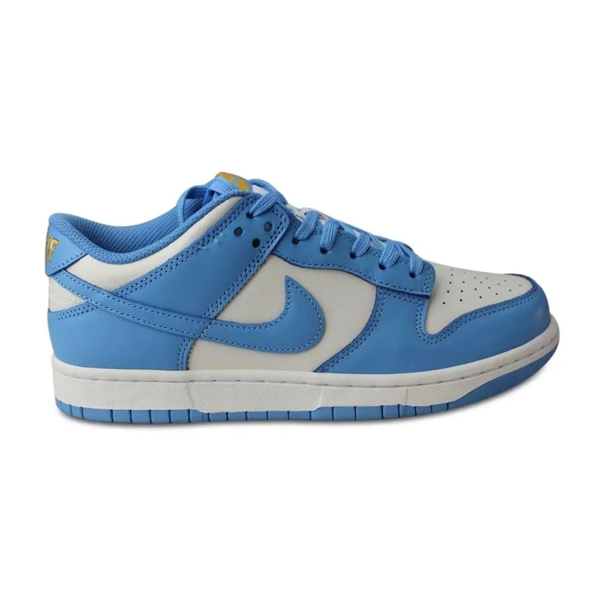 Blue and white Nike Dunk Low sneaker with yellow accents, stylish women's fashion footwear