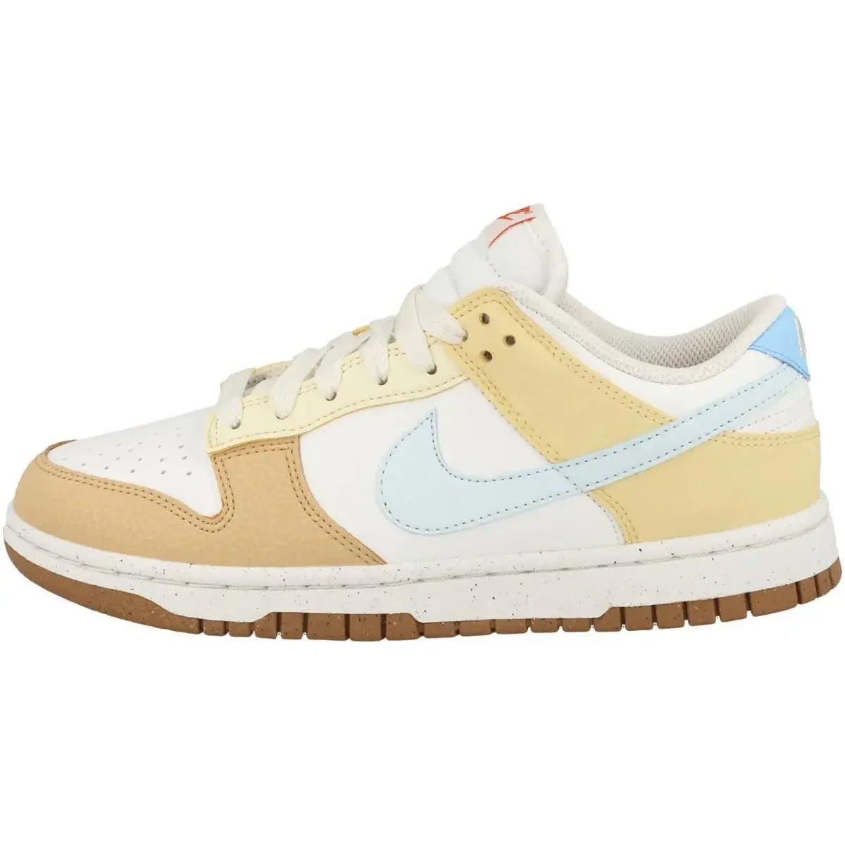 Women's pastel colorblock Nike Dunk sneaker with light blue swoosh and gum sole