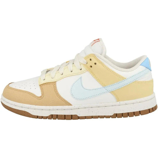 Women's pastel colorblock Nike Dunk sneaker with light blue swoosh and gum sole