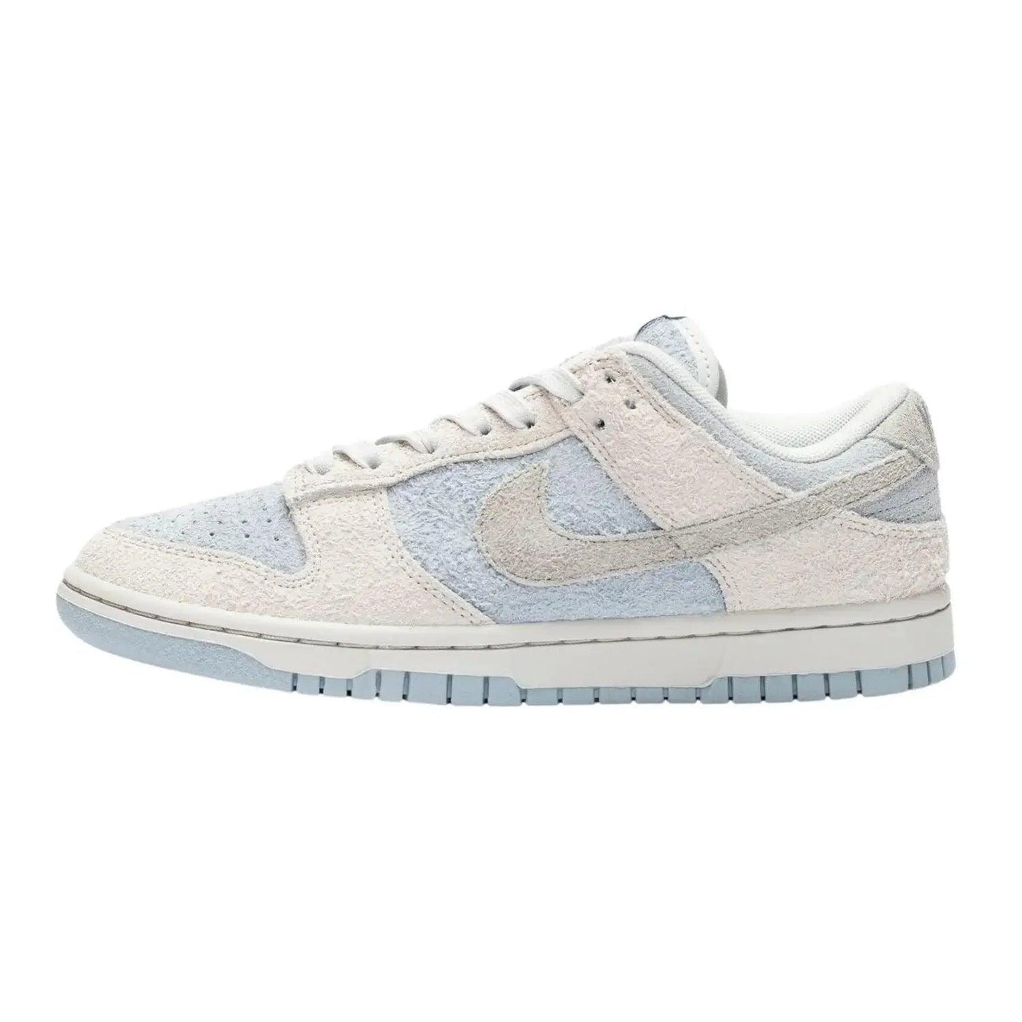 Women's pastel blue and cream suede Nike Dunk Low sneaker, casual fashion footwear