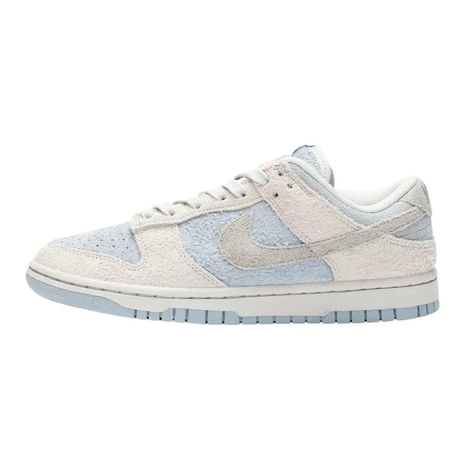 Women's pastel blue and cream suede Nike Dunk Low sneaker, casual fashion footwear