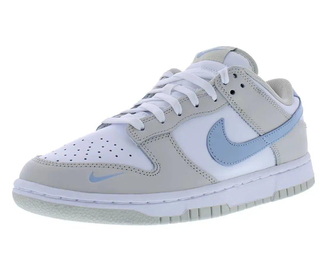 White and light blue Nike Dunk Low sneaker for women's fashion