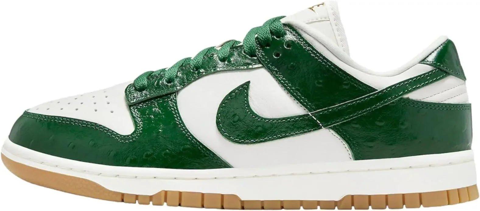 Green and white Nike Dunk Low sneaker with textured leather and gum sole, women's fashion footwear