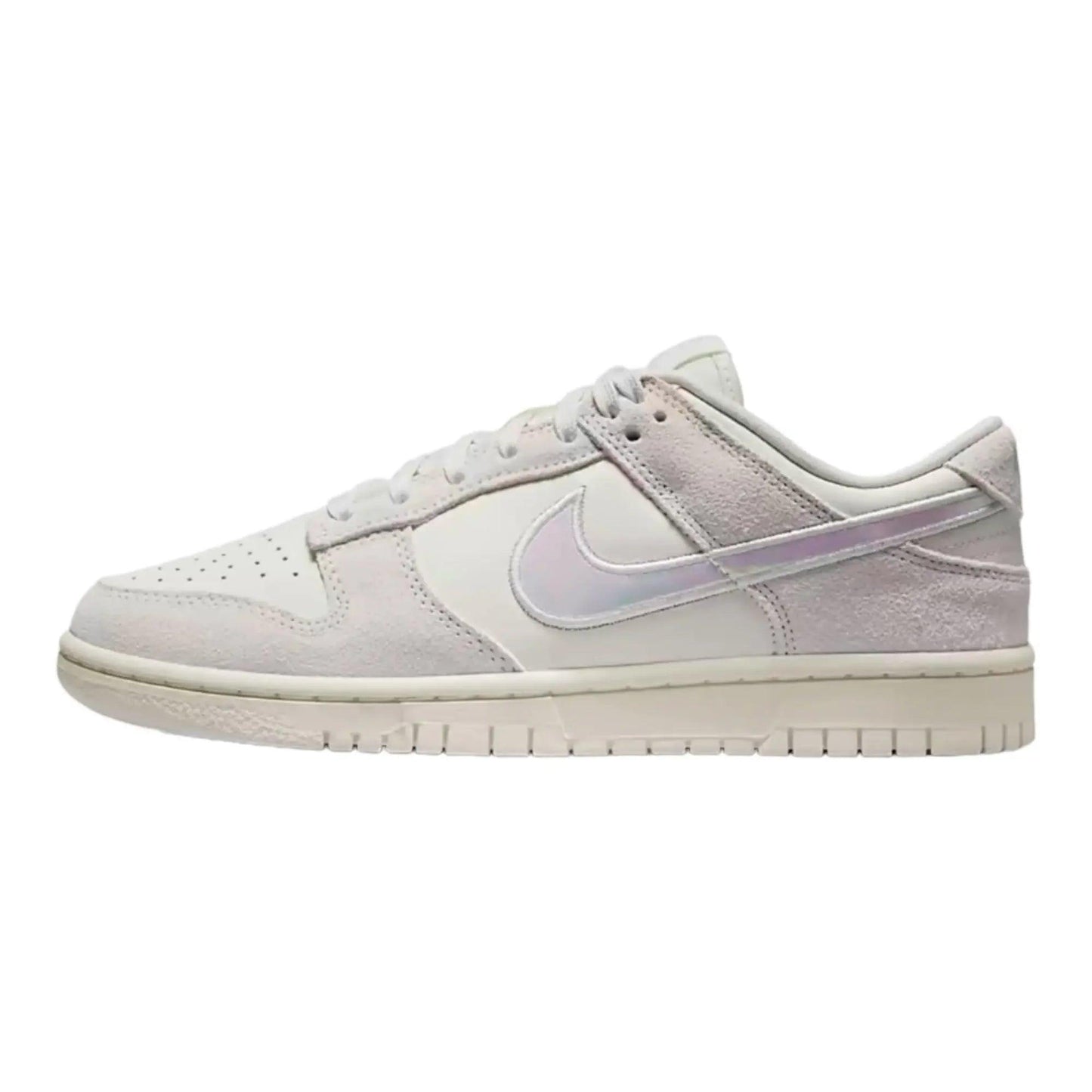 White women's sneaker with iridescent Nike swoosh, perfect for casual fashion and streetwear styles.