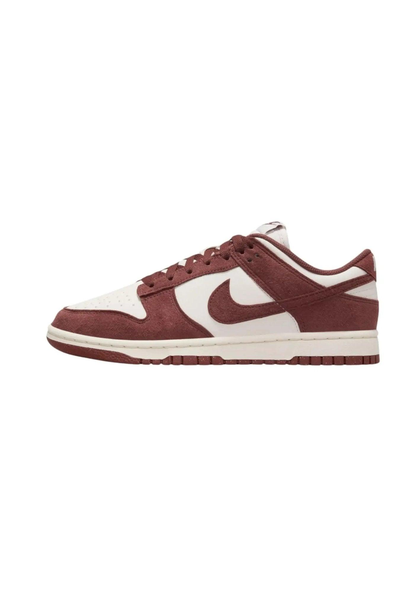 Burgundy and white Nike Dunk Low sneaker, women's fashion footwear with classic design