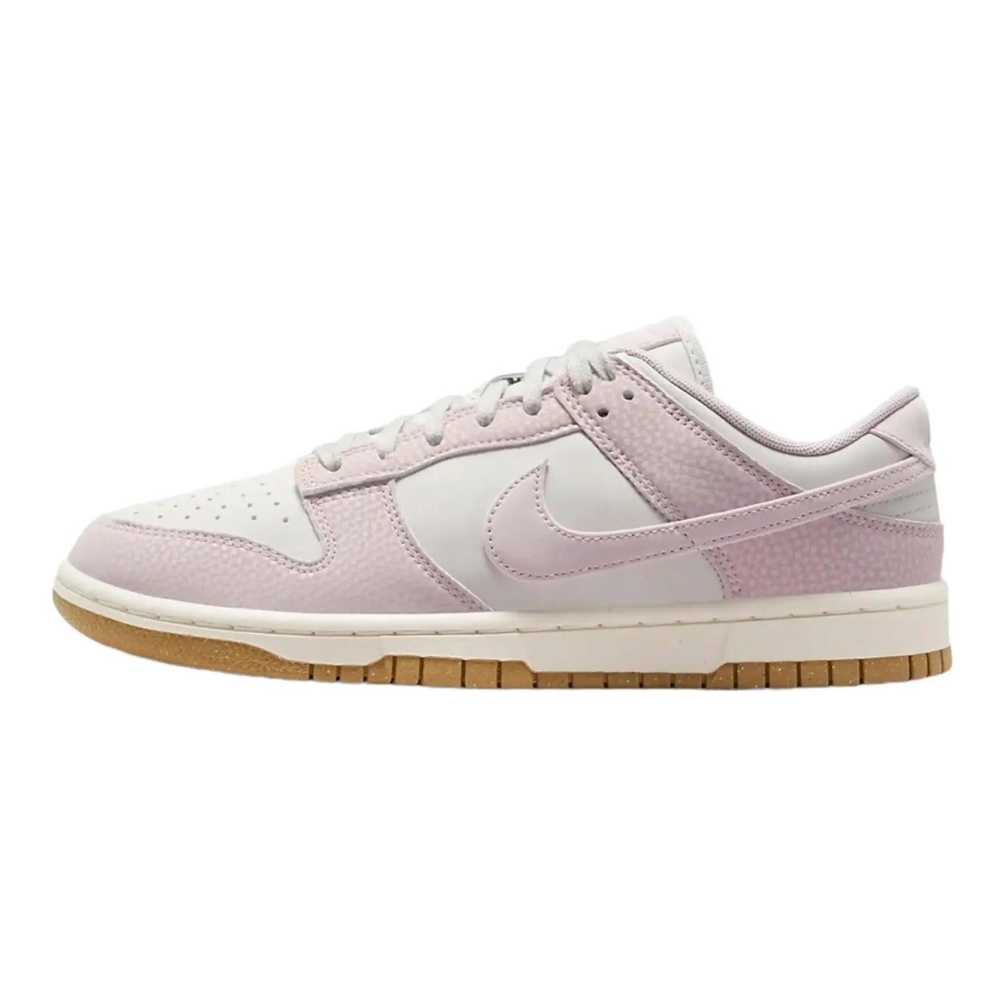 Pink and white Nike Dunk Low sneaker with gum sole, women's fashion footwear