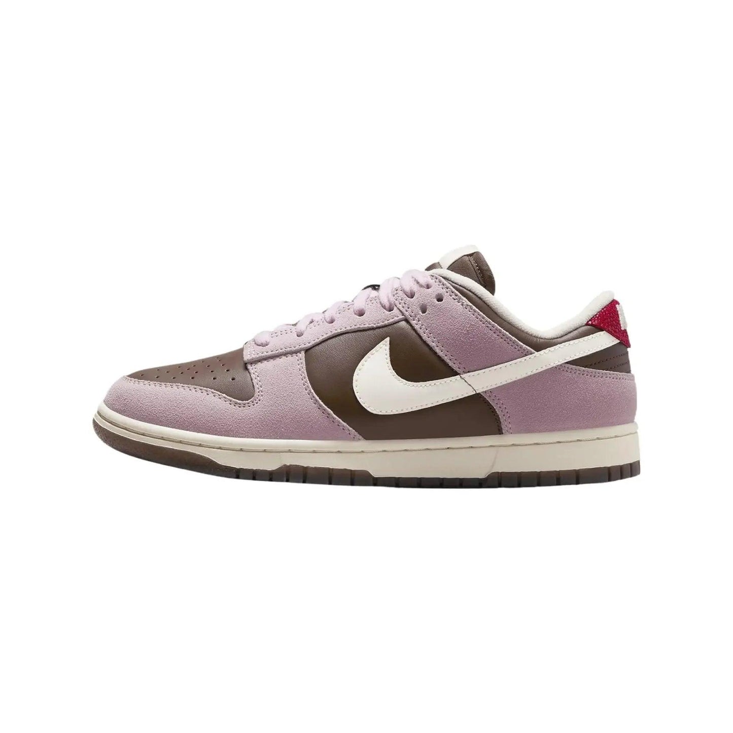 Purple and brown Nike Dunk Low sneaker with white swoosh and red heel tab, women's fashion footwear