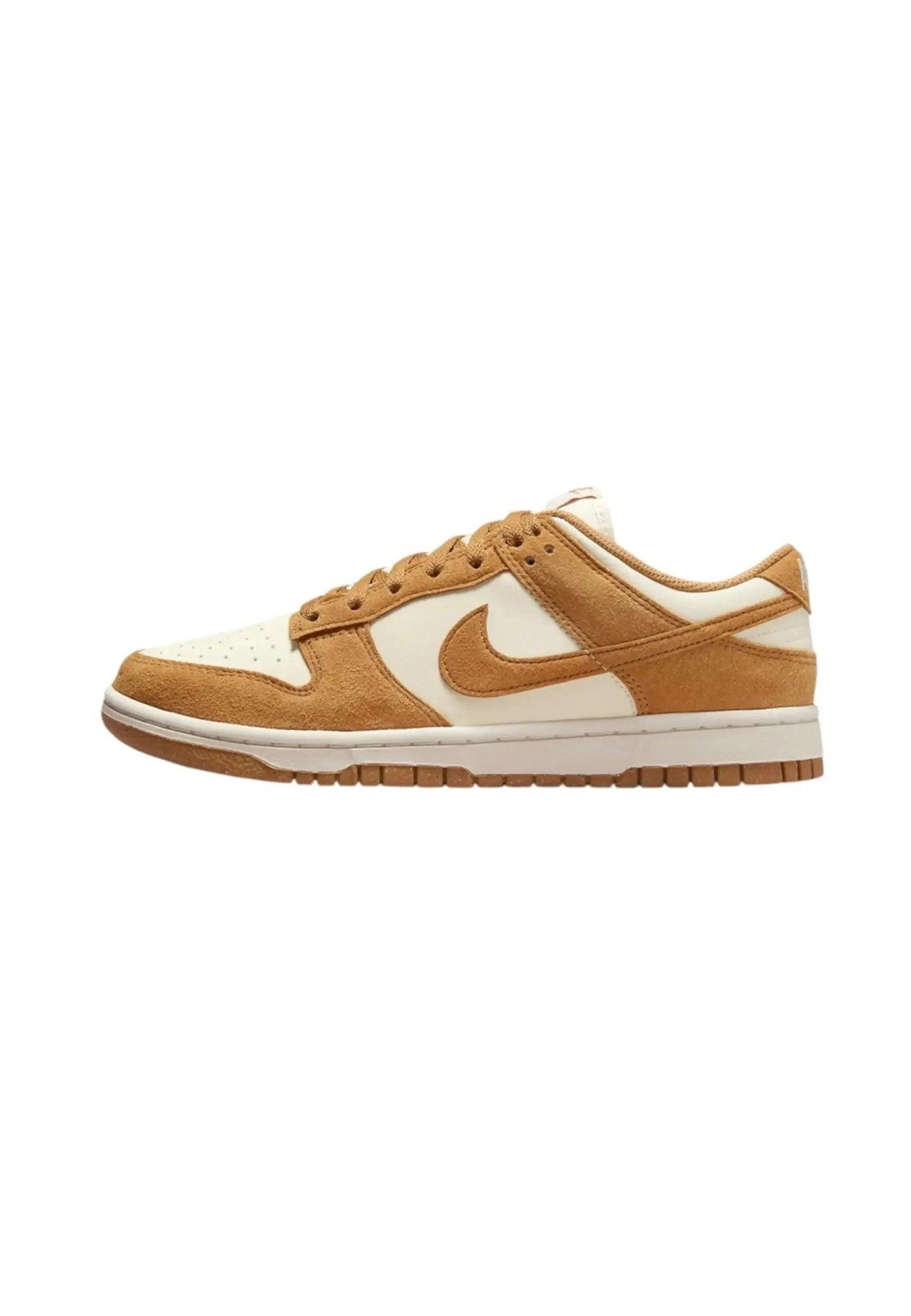 Tan and white Nike Dunk Low sneaker with suede texture and gum sole, women's fashion footwear