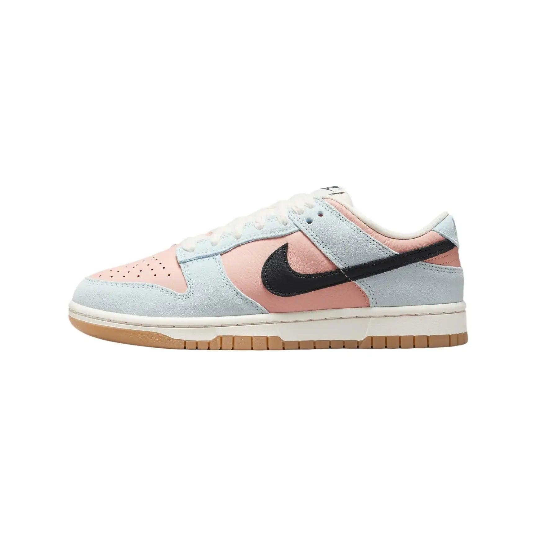 Pastel pink and blue Nike Dunk sneaker with black swoosh and gum sole
