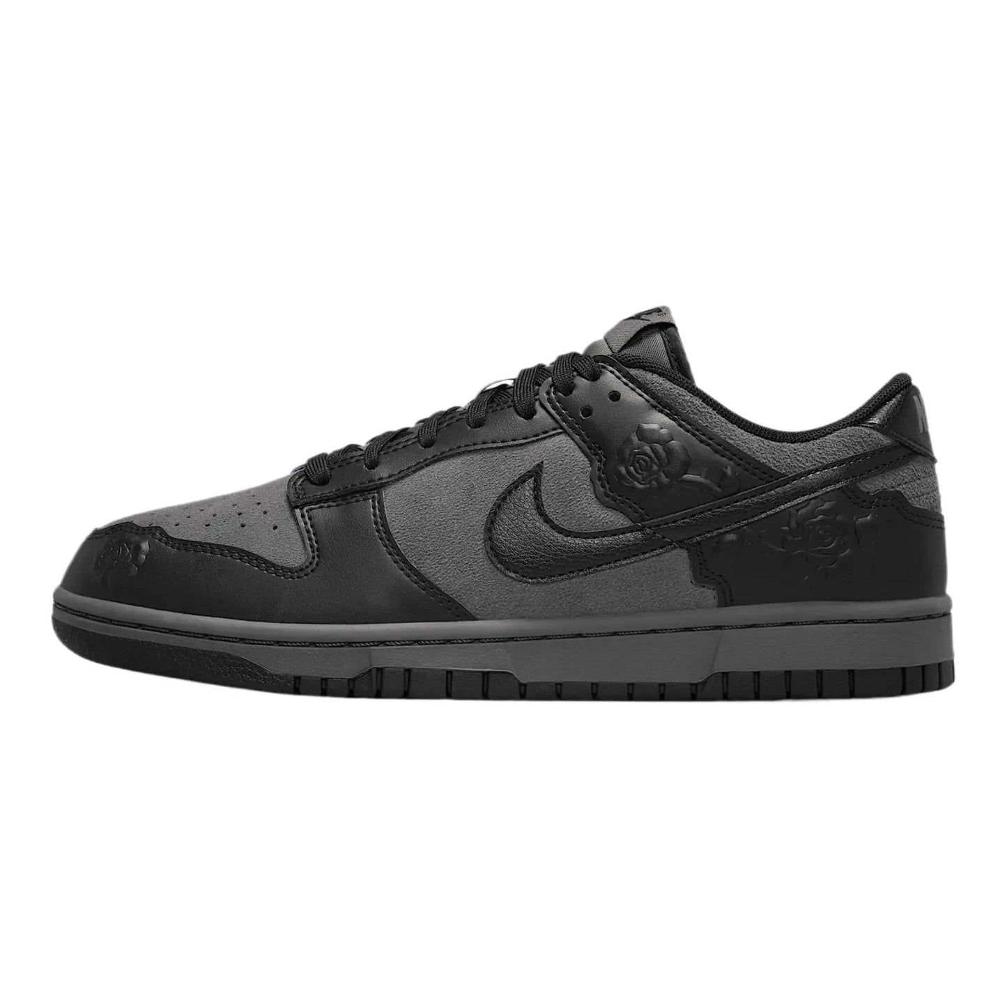 Black Nike Dunk Low sneaker with rose embroidery, women's fashion footwear