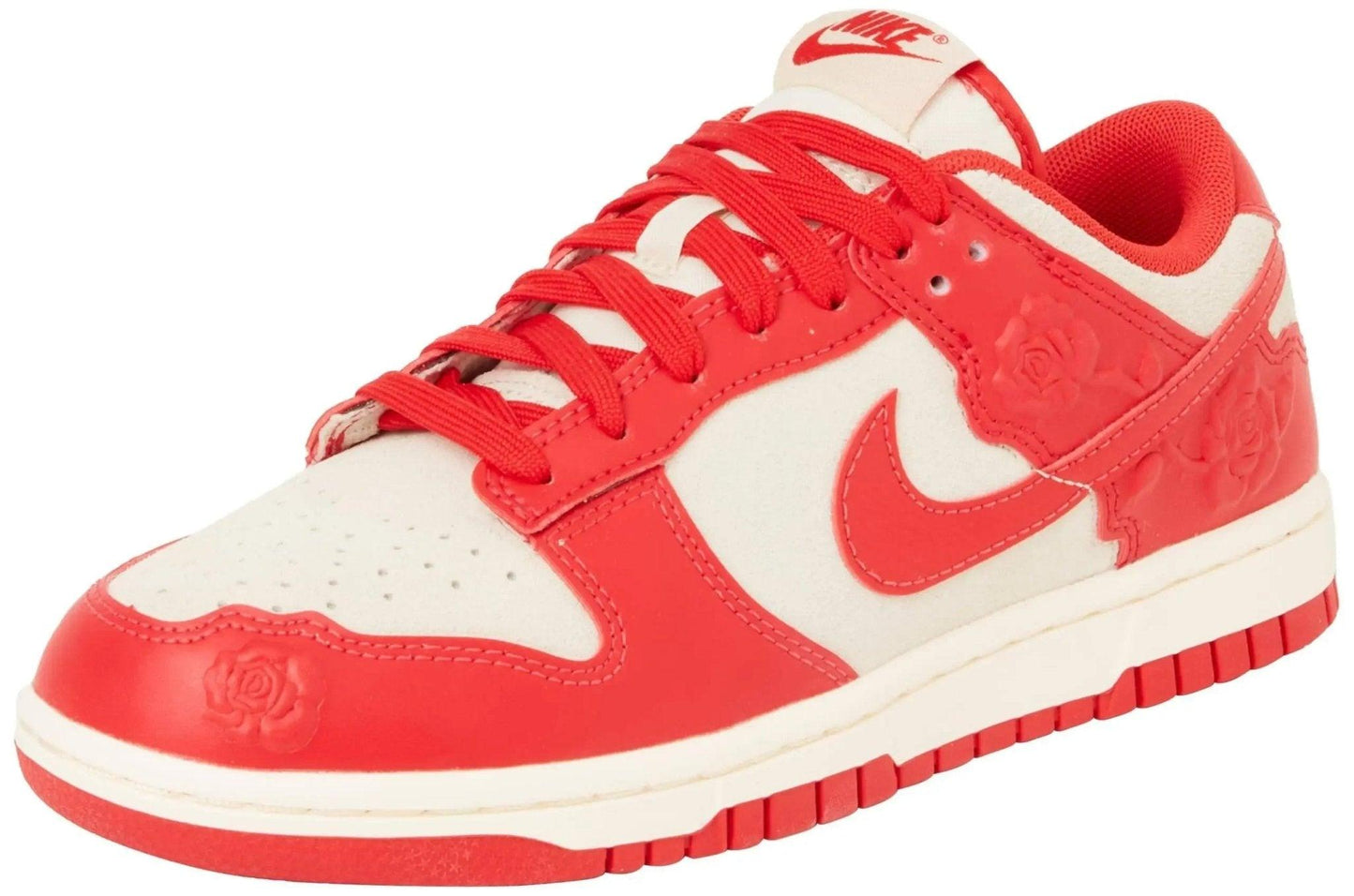 Red and white Nike Dunk Low sneaker with rose embossing, women's fashion footwear