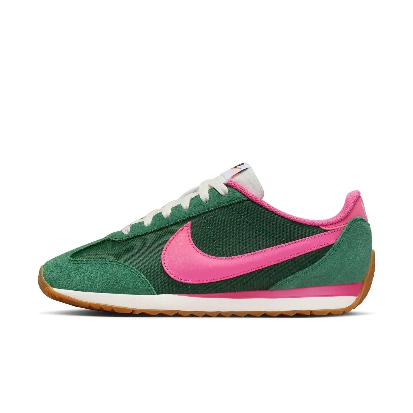 Green and pink women's fashion sneaker with white laces and gum sole