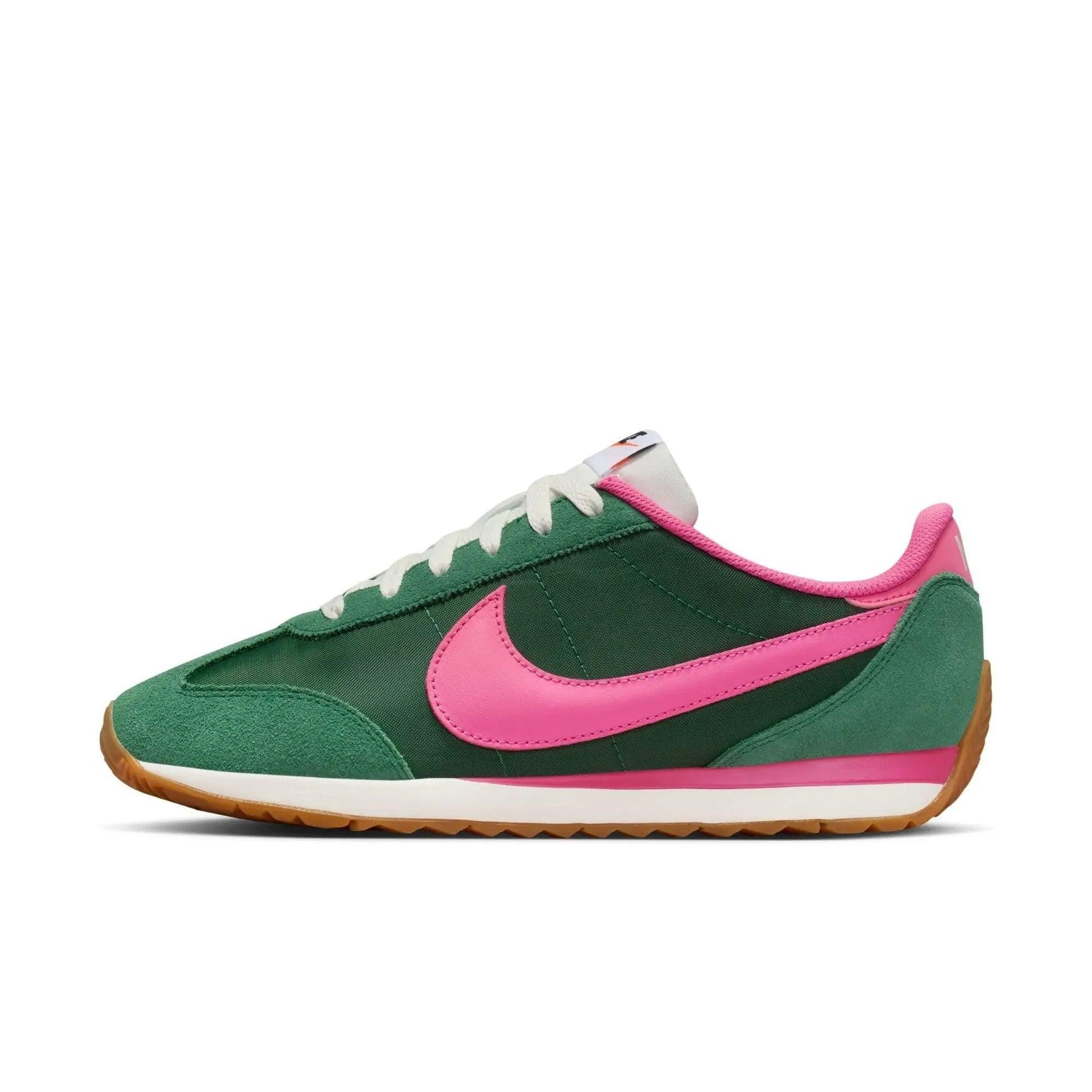 Green and pink women's fashion sneaker with white laces and gum sole