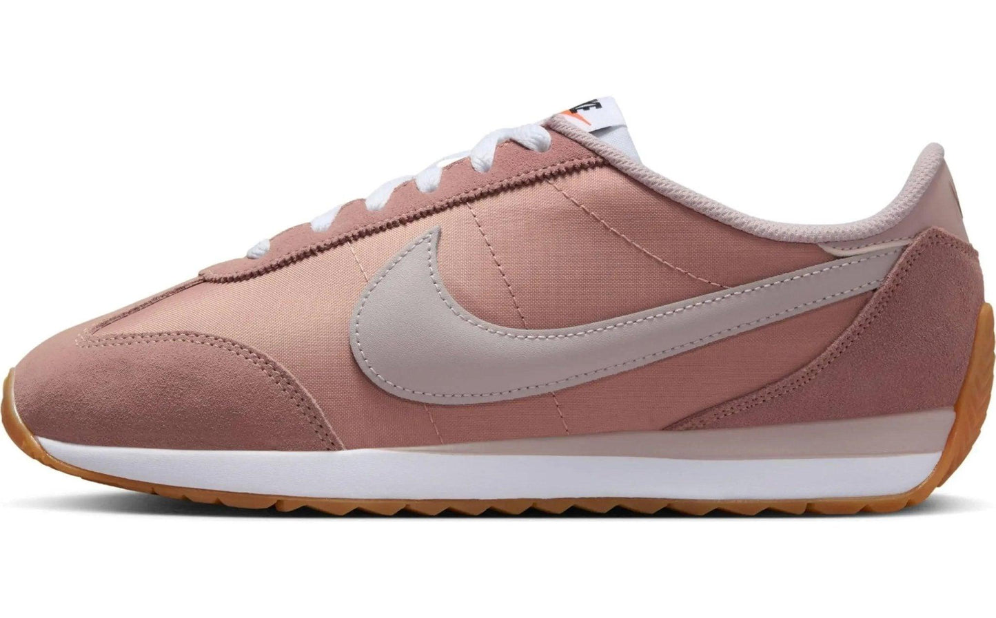Pink Nike Cortez sneaker with white swoosh and gum sole, women's fashion footwear