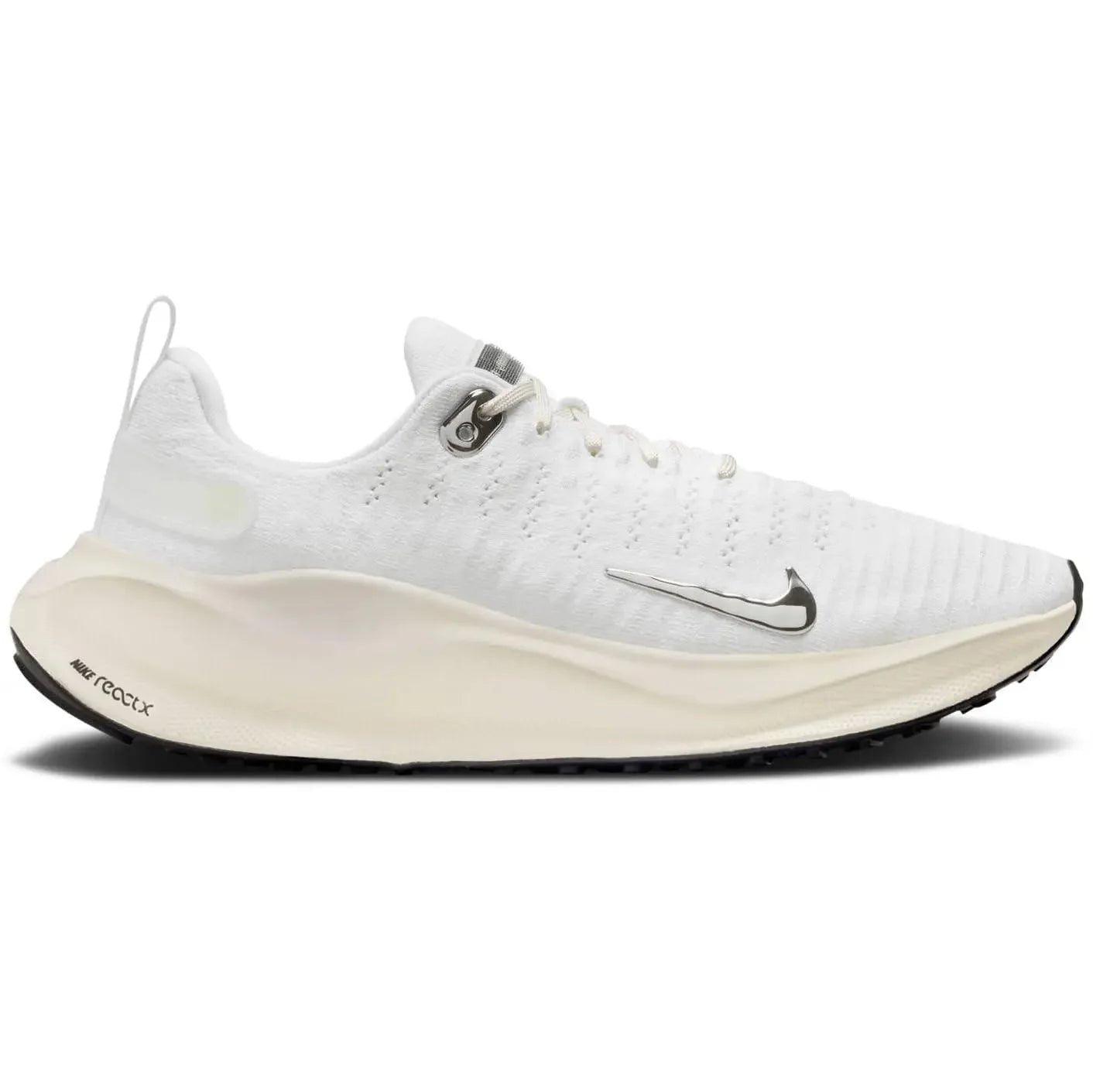 White Nike React X running shoe with silver swoosh and cushioned sole for women's fashion and comfort