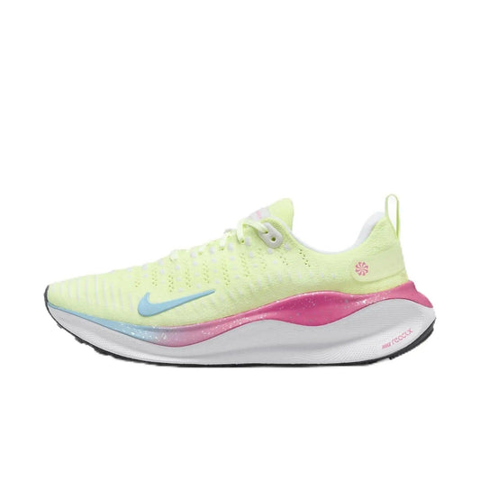 Women's neon yellow Nike ReactX running shoe with pink and blue accents, breathable knit upper, ideal for fashion and fitness.