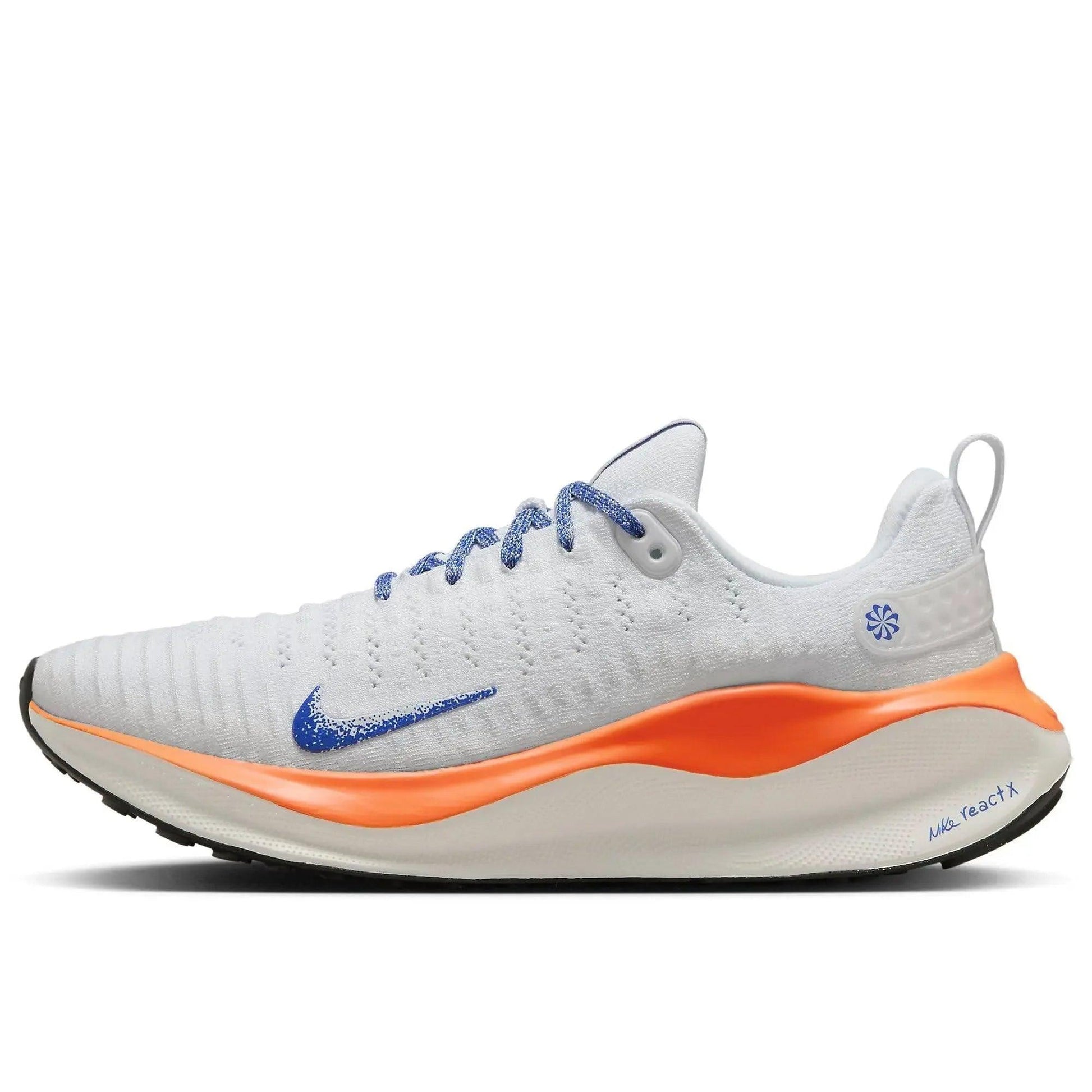 White Nike React X running shoe with blue swoosh and orange sole, women's athletic footwear