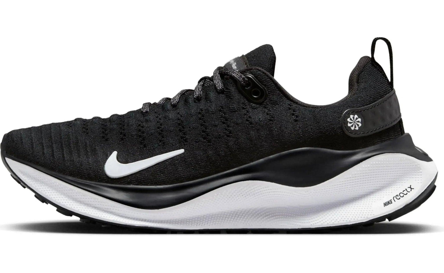 Black Nike React X running shoe with white swoosh and cushioned sole for women's fashion and fitness