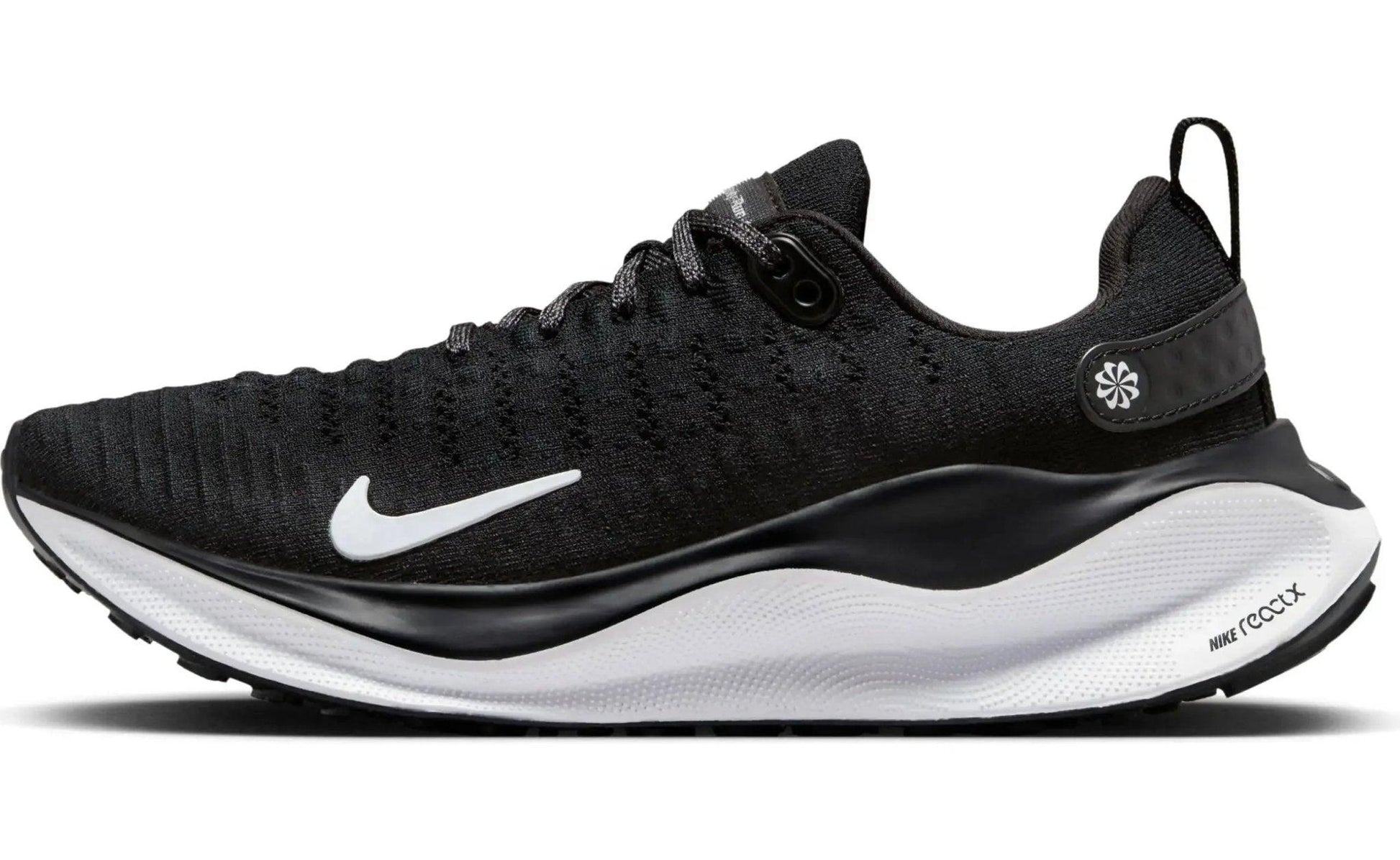 Black Nike React X running shoe with white swoosh and cushioned sole for women's fashion and fitness