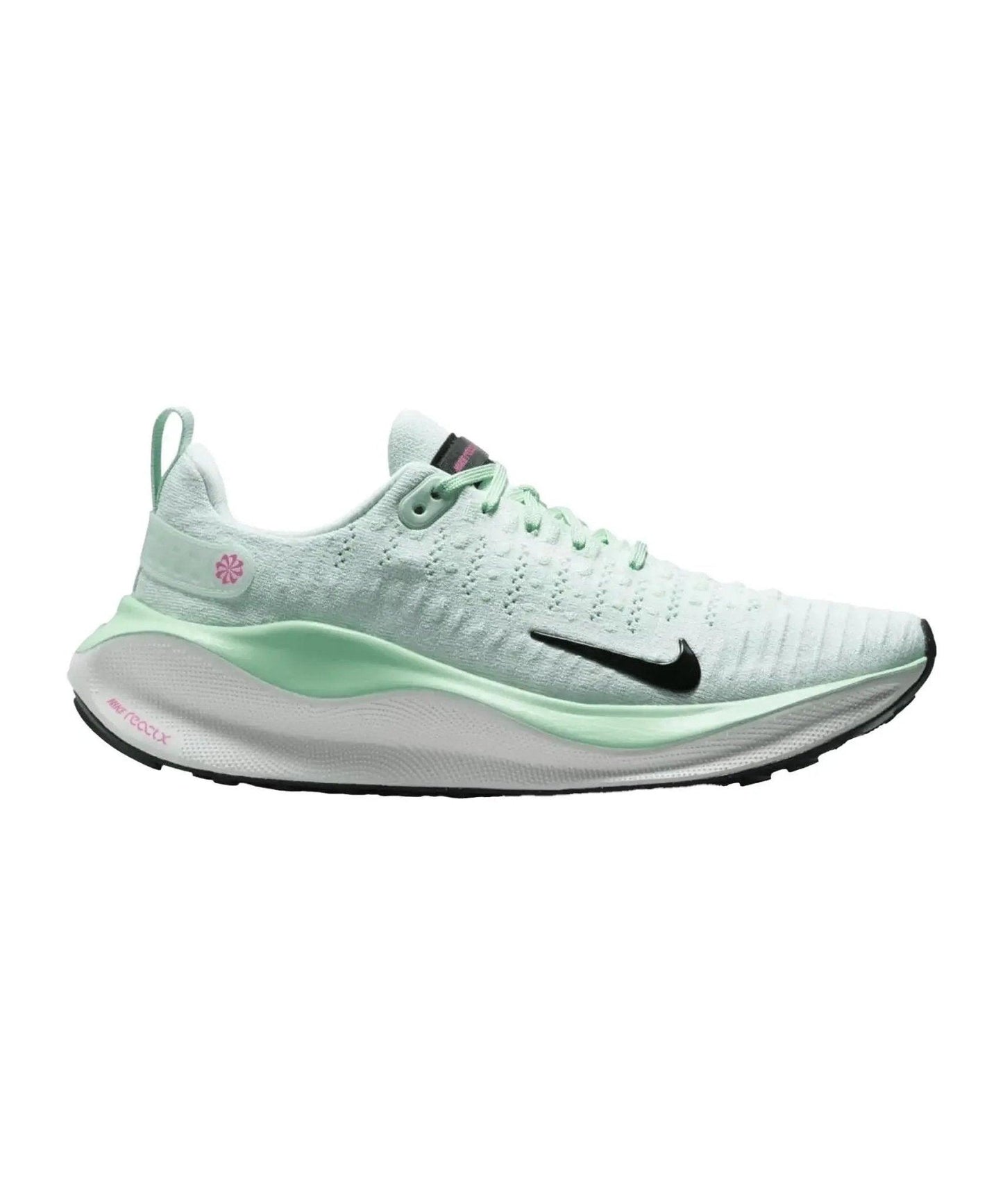 Mint green women's running shoe with black swoosh and pink accents, lightweight athletic sneaker