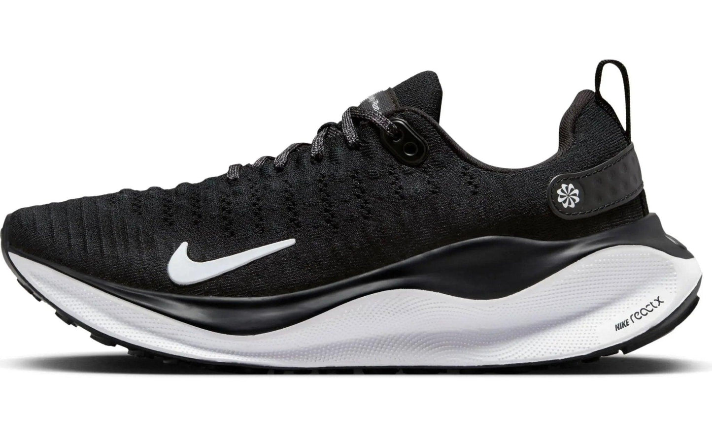 Black Nike React X running shoe with white swoosh and cushioned sole for women's fashion and athletic wear