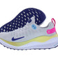 Nike React X running shoe with white mesh, blue swoosh, pink heel tab, and yellow midsole for women's fashion