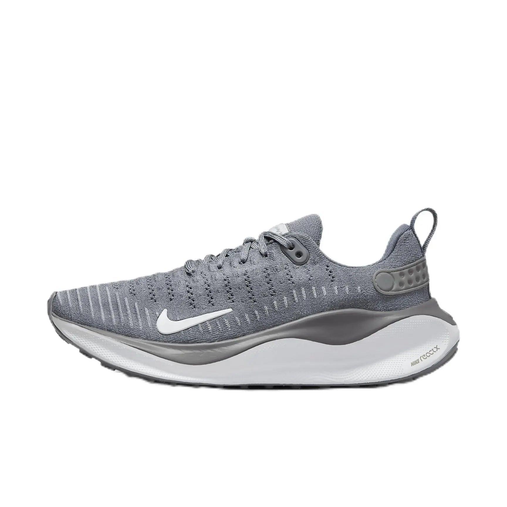 Gray Nike React X running shoe with white swoosh, breathable knit upper, and cushioned sole for women's fashion fitness