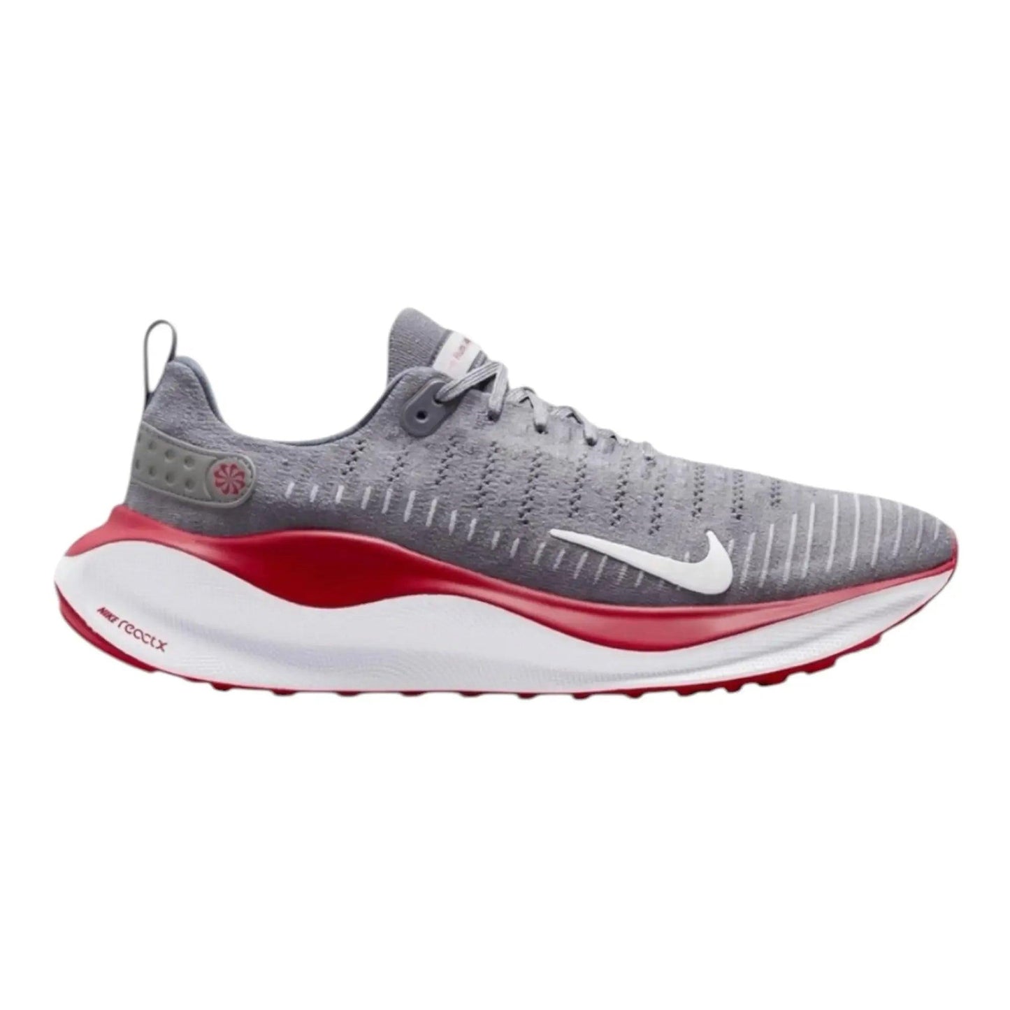 Gray and red Nike React X running shoe with white swoosh, breathable knit upper, and cushioned sole for women's fashion fitness