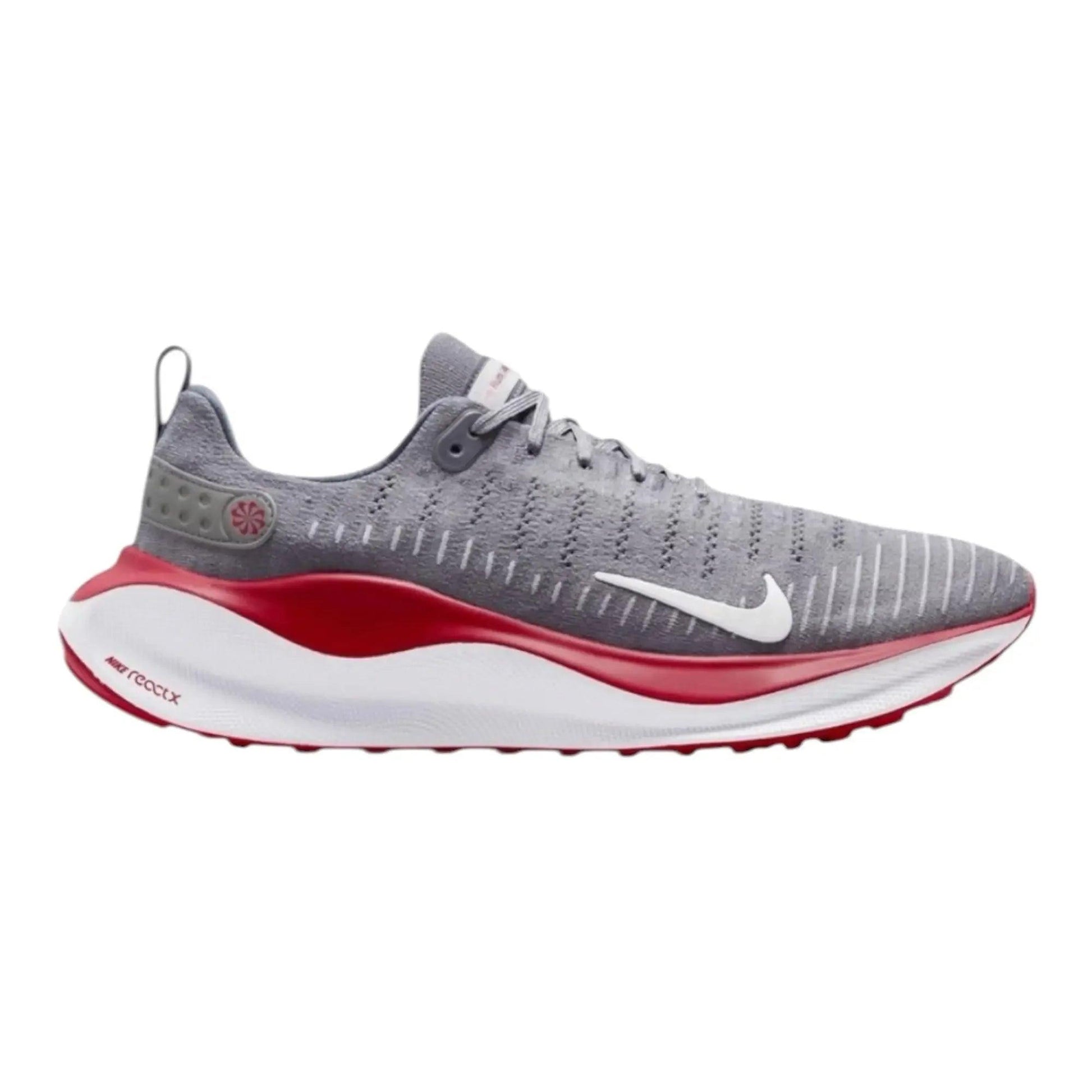 Gray and red Nike React X running shoe with white swoosh, breathable knit upper, and cushioned sole for women's fashion fitness