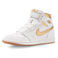 White and gold Nike Air Jordan 1 high-top sneaker for women's fashion