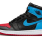 Black, blue, and red Air Jordan 1 high-top sneaker with Nike swoosh, perfect for women's fashion