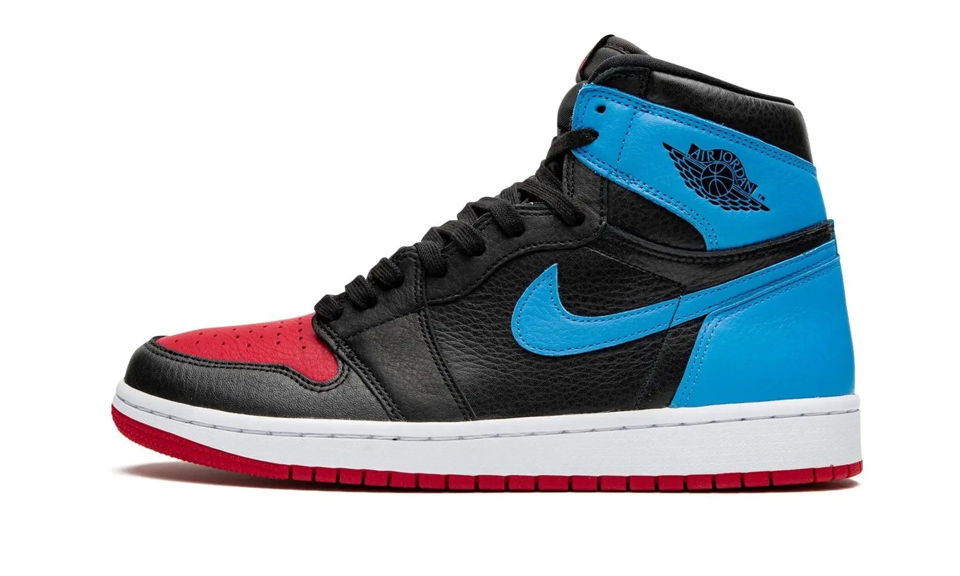 Black, blue, and red Air Jordan 1 high-top sneaker with Nike swoosh, perfect for women's fashion