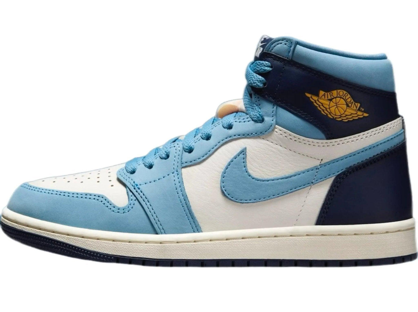 Air Jordan 1 High in light blue, white, and navy with gold wings logo, women's fashion sneaker