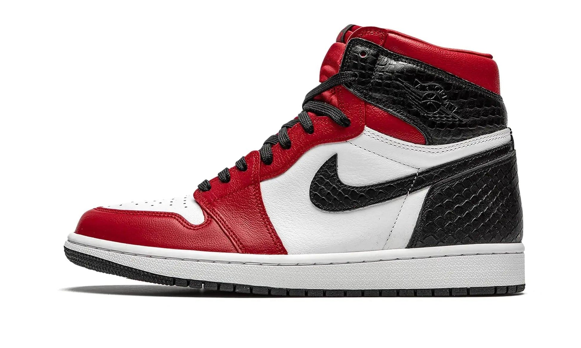 Red, white, and black high-top sneaker with snakeskin texture and Nike swoosh, fashion footwear