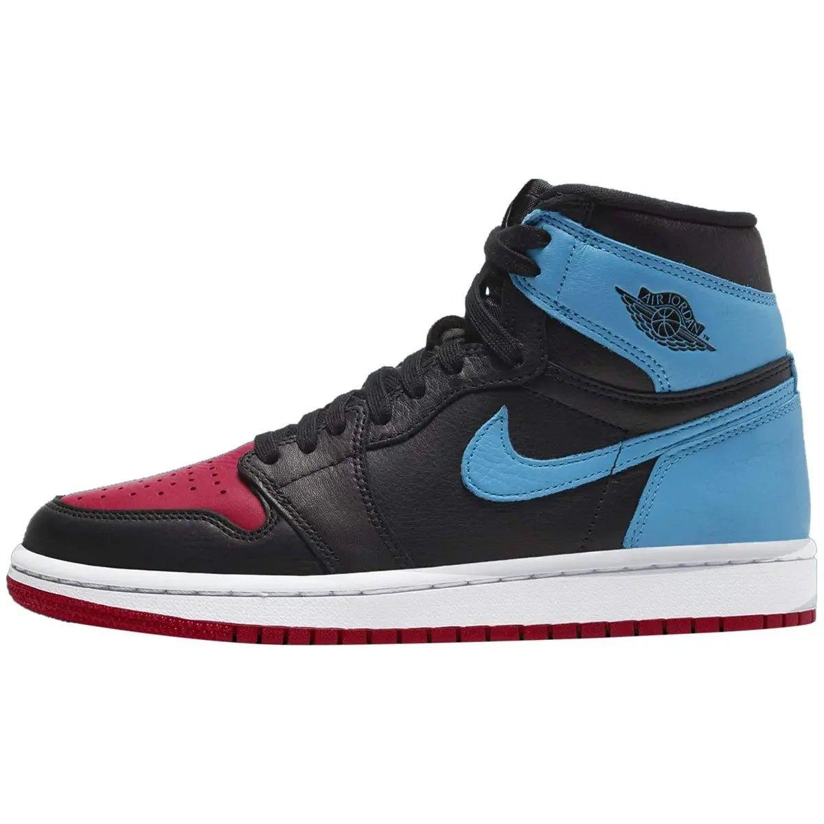 Black, blue, and red Air Jordan 1 high-top sneaker with Nike swoosh, ideal for women's fashion