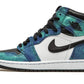 Women's high-top sneaker with blue-green tie-dye pattern, black laces, and white sole