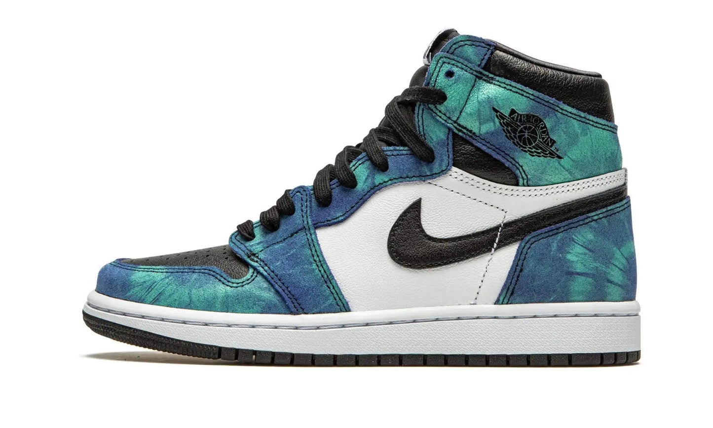 Women's high-top sneaker with blue-green tie-dye pattern, black laces, and white sole