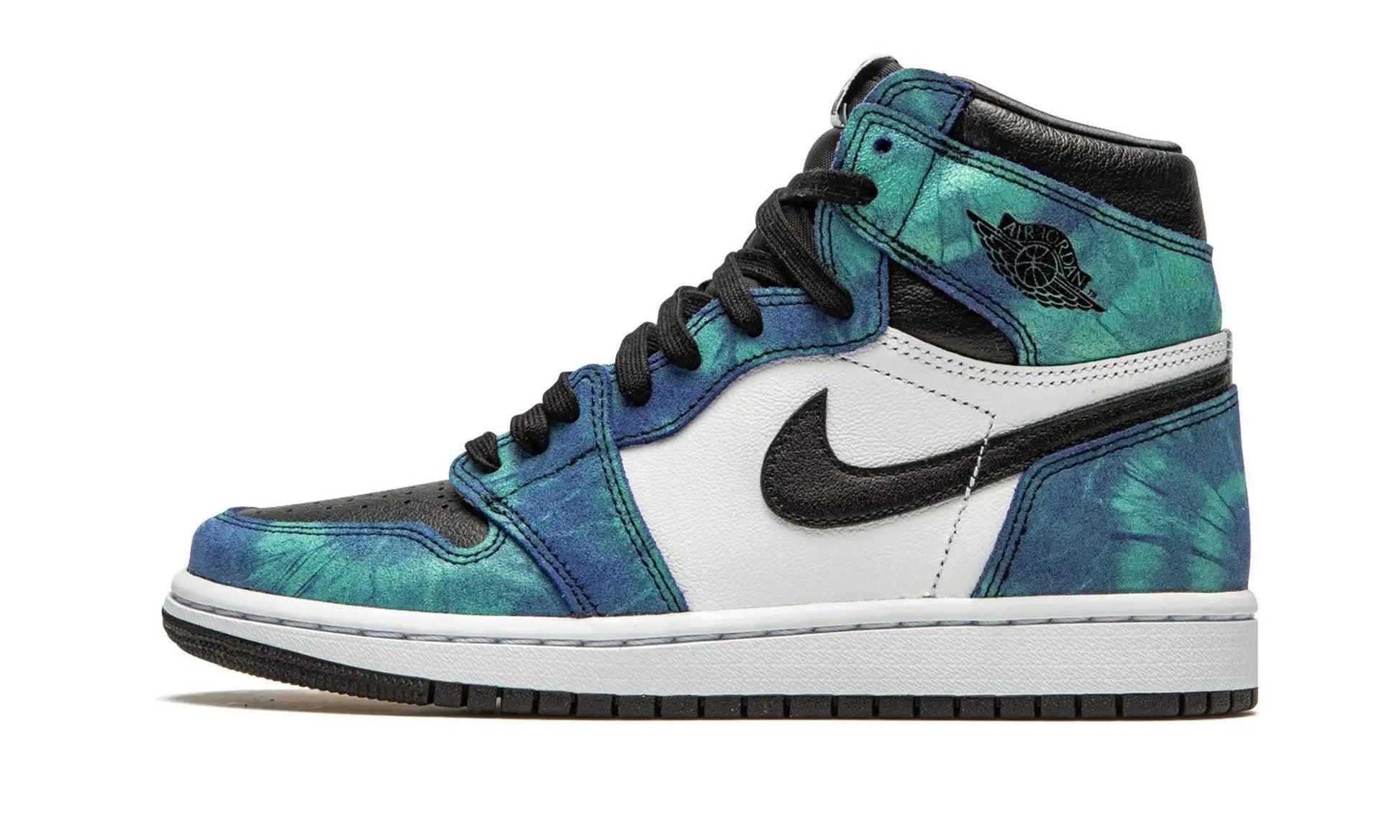 Women's high-top sneaker with blue-green tie-dye pattern, black laces, and white sole