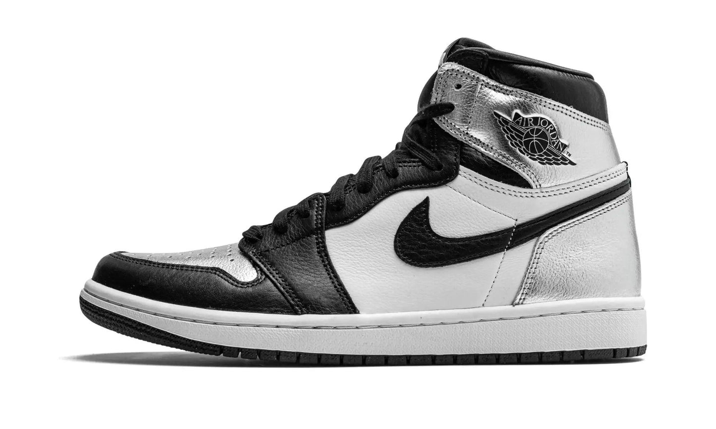 Black and silver Air Jordan 1 high-top sneaker with Nike swoosh, women's fashion footwear