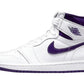 White and purple Air Jordan 1 high-top sneaker with Nike swoosh, stylish women's fashion footwear