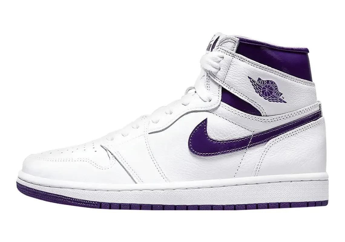 White and purple Air Jordan 1 high-top sneaker with Nike swoosh, stylish women's fashion footwear