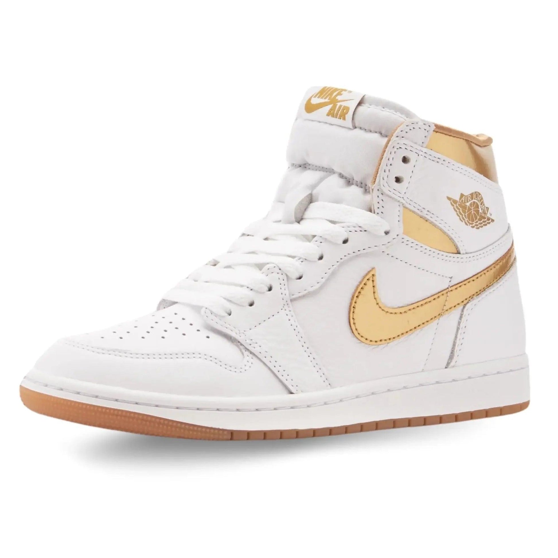 White and gold high-top sneaker with Nike Air branding, ideal for women's fashion and streetwear style.