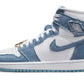Women's light blue and white high-top sneaker with denim texture and gold lace detail