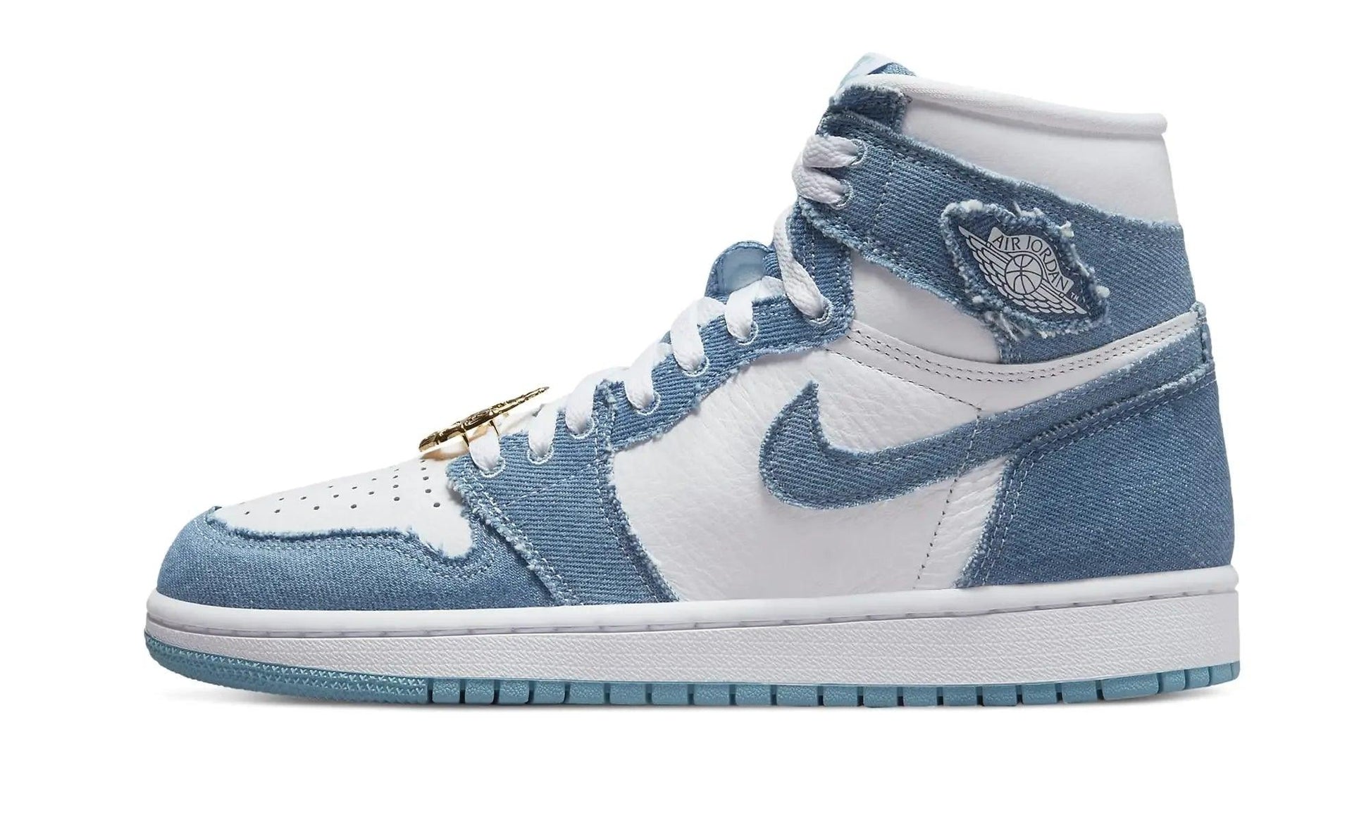 Women's light blue and white high-top sneaker with denim texture and gold lace detail