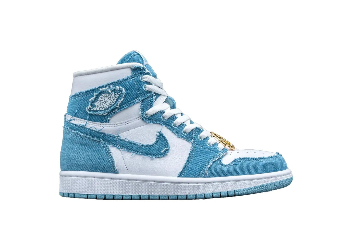 Light blue and white high-top sneaker with denim texture, Nike swoosh, and gold lace detail