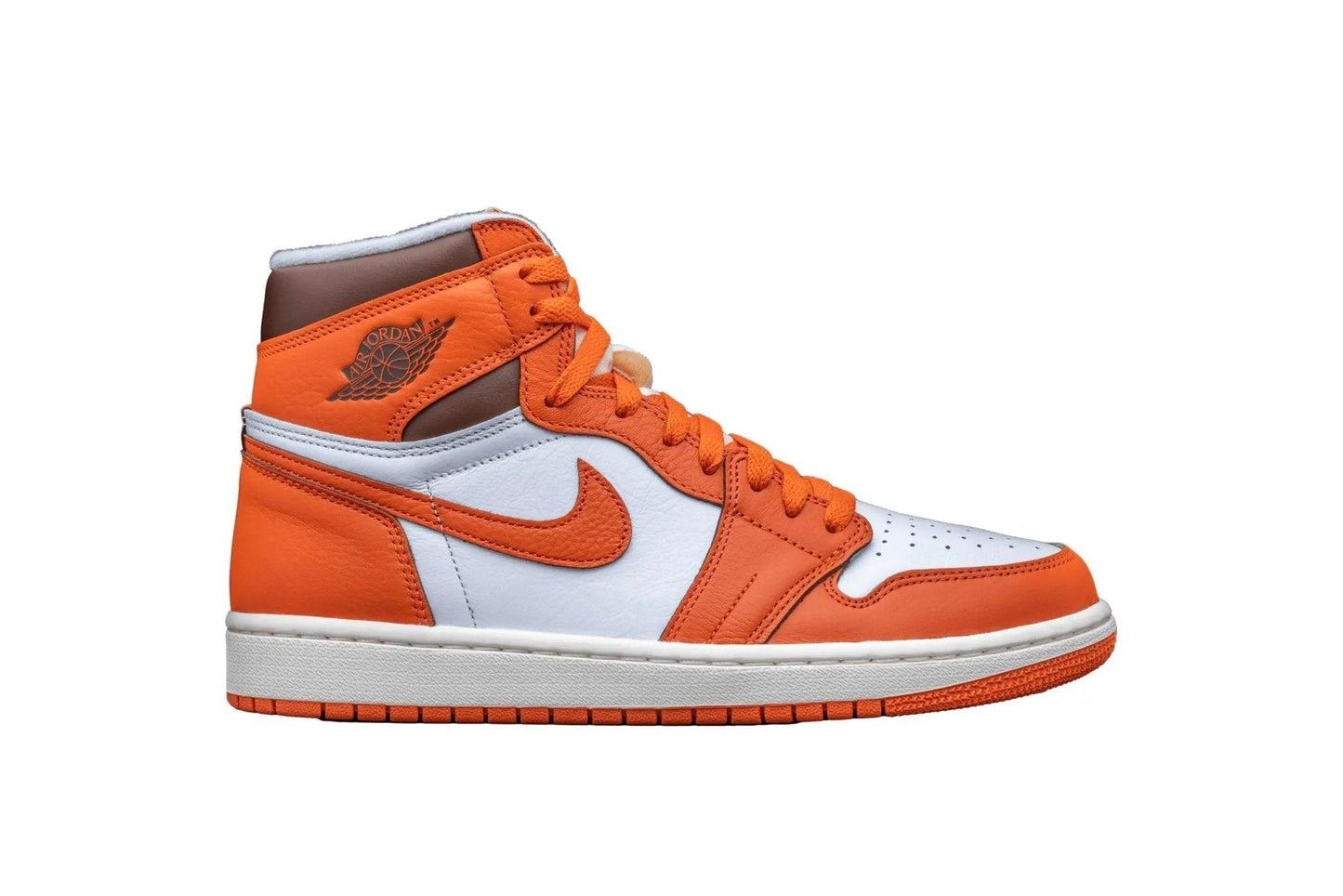 Orange and white high-top sneaker with Nike swoosh and Air Jordan logo, stylish women's fashion footwear